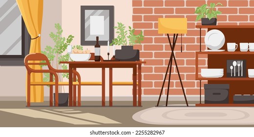 Lounge room interior banner. Modern cozy apartment style with furniture, sofa, armchair and floor plant, lamp near bookshelf. Yellow color design in comfortable hotel room. Flat Vector illustration