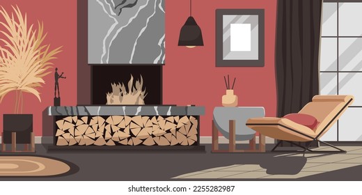 Innenbanner im Wohnzimmer. Moderner Landhausstil mit Möbeln: Sessel in der Nähe eines Kamins, der mit einem Holzkamin geschmückt ist. Design-Konzept des komfortablen Hotelzimmers. Vektorgrafik