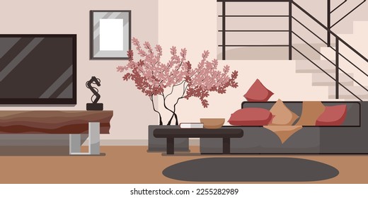 Lounge room interior banner. Modern cozy apartment style with furniture, red pillows on sofa, armchair and carpet with bookshelf. Pink grey color design in comfortable hotel room. Vector illustration