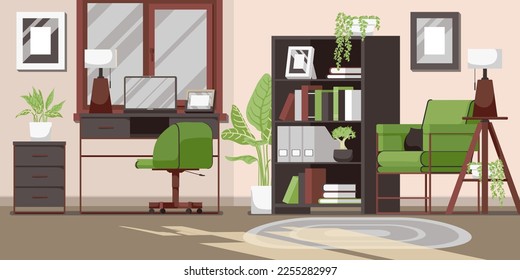 Lounge room interior banner. Modern cozy apartment style with furniture armchair and carpet. Chair and table with laptop workplace. Green color design in comfortable living room. Vector illustration