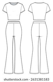 Women’s Lounge Set Technical Fashion Illustration. Cropped T-Shirt and Goya Flared Leggings Vector Template. Front and Back View. Relaxed Fit. Loungewear. CAD Mockup Set.