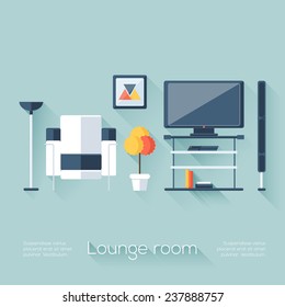 Lounge or Sitting Room Cover with TV, Console, Sofa, Loudspeaker and Lamp. Flat Style with Long Shadows. Modern Trendy Design. Vector Illustration.