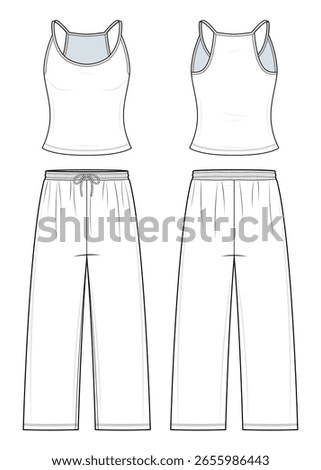Lounge Tank Top and Pants Set Technical Fashion Illustration. Relaxed-Fit Crop Tank and Wide-Leg Pants Vector Template. Front and Back View. Women’s Loungewear. CAD Mockup.