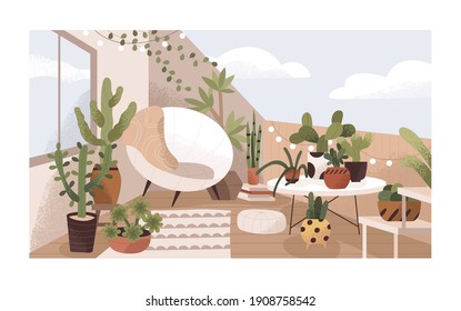 Lounge terrace or balcony garden with plants and furniture. Modern eco-style interior decorated with greenery, potted cactuses, cozy chair and bulbs. Colored flat textured vector illustration.