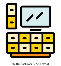 Icono de tv salón. Icono del Vector de la tv del salón del contorno para el Diseño web aislado en el piso del color de fondo blanco