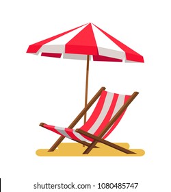 Lounge and umbrella icons vector illustration isolated on white background striped summer equipment, comfortable sitting place chaise in shadow