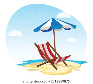 Lounge and umbrella icons vector illustration isolated on white background striped summer equipment, comfortable sitting place chaise in shadow