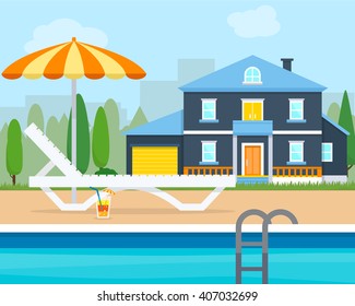 Lounge With Umbrella Near The Pool. Big House Villa. Flat Style Vector Illustration.