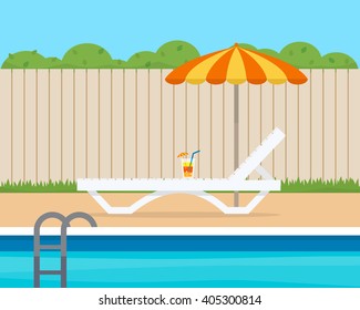 Lounge With Umbrella Near The Pool On House Backyard. Flat Style Vector Illustration.