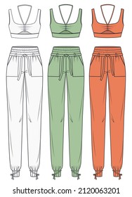 Lounge Wear fashion flat drawing template. Sports Wear fashion design set. Bra with Jogger Pants colorway set.