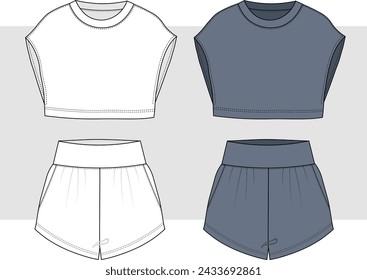 Lounge wear set Fashion Flat Templates. cropped t shirt and high waist sport short set, fashion drawing. women home wear, sleepwear, sport wear, pajama set. illustration vector.