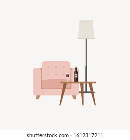 Lounge zone with armchair and coffee table. Flat interior ilustration of living room