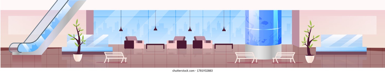 Lounge Zone Flat Color Vector Illustration. Shopping Mall 2D Cartoon Interior With Armchairs And Benches On Background. Empty Recreation Center With No People Inside. Rest And Relaxation Space