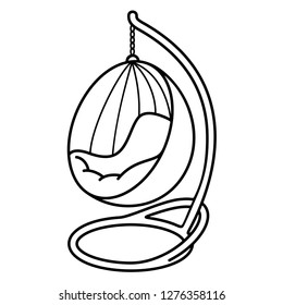 Lounge zone. Hanging cocoon chair. Vector flat outline icon illustration isolated on white background.