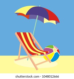 lounger, parasol and beach ball, vector icon