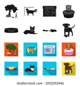 Lounger for a pet, clipping of claws in a vet clinic, lying dog, puppy with a ball. Vet clinic and pet,dog care set collection icons in black,flet style vector symbol stock illustration web.