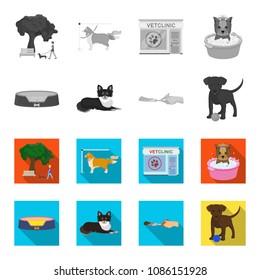 Lounger for a pet, clipping of claws in a vet clinic, lying dog, puppy with a ball. Vet clinic and pet,dog care set collection icons in monochrome,flat style vector symbol stock illustration web.
