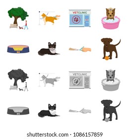 Lounger for a pet, clipping of claws in a vet clinic, lying dog, puppy with a ball. Vet clinic and pet,dog care set collection icons in cartoon,monochrome style vector symbol stock illustration web.