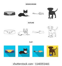Lounger for a pet, clipping of claws in a vet clinic, lying dog, puppy with a ball. Vet clinic and pet,dog care set collection icons in flat,outline,monochrome style vector symbol stock illustration