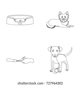 Lounger for a pet, clipping of claws in a vet clinic, lying dog, puppy with a ball. Vet clinic and pet,dog care set collection icons in outline style vector symbol stock illustration web.
