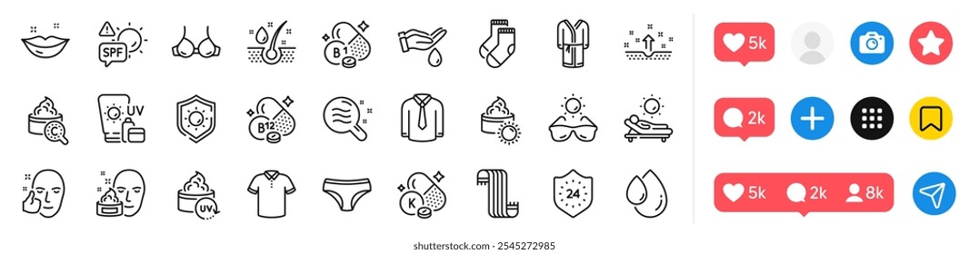Lounger, Thiamine vitamin and Spf protection line icons pack. Social media icons. Serum oil, 24 hours, Healthy face web icon. Panties, T-shirt, Clean skin pictogram. Vector