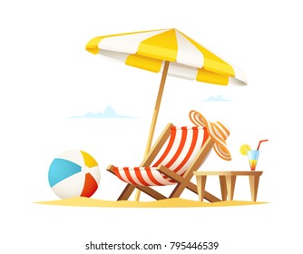 Lounger and umbrella on the beach. Concept Vector illustration