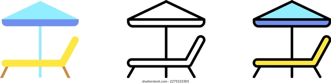 Lounger, umbrella vector icon in different styles. Line, color, filled outline