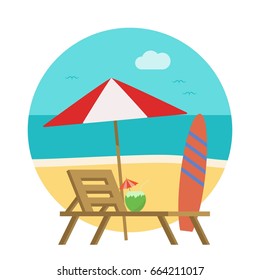 the loungers on the beach in a circle, umbrella, flat vector illustration