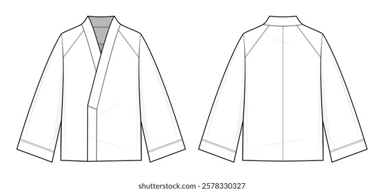 Loungewear Kimono Technical Fashion Illustration.Kimono Jacket Vector Template. Front and Back View.Relaxed-Fit. Menswear. CAD Mockup Set.