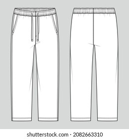 Loungewear pants. Pants with elastication and a drawstring at the waist and side pockets in a relaxed style. Men's home wear. Vector technical sketch. Mockup template.