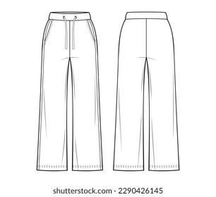 Loungewear pants fashion drawing template. with elastication, a drawstring at the waist and side pockets. relaxed style. pants fashion flat illustration. front, and back view, isolated, CAD mockup set