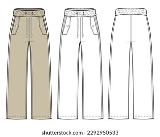 Pantalones de loungewear planas, boceto técnico. pantalones con bolsillos. plantilla plana vectorial de pantalones. ilustración de moda de pantalones. vista frontal y posterior. aislado en color blanco. Juego de simulación de CAD.