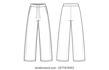 Loungewear Pants Technical Fashion Illustration. Jogging Pants with Elasticated Waist and Adjustable Drawstring Vector Template. Front and Back View. Relaxed Fit. Spring summer. CAD Mockup Set.