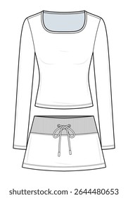 Loungewear Set with Long Sleeve Top and Mini Skirt Technical Fashion Illustration. Ribbed Waistband Skirt with Drawstring and Fitted Top Vector Template. Front View. Women’s Casualwear. CAD Mockup.