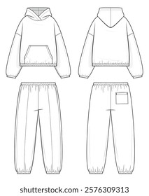 Loungewear Set Technical Fashion Illustration. Hoodie jacket Paired with Jogger Pants Featuring Elastic Waistband and Garterized Ankles vector fashion template. Unisex Activewear. CAD Mockup Set.