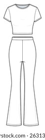 Women’s Loungewear Set Technical Fashion Illustration. Fitted T-Shirt and Goya Flared Leggings Vector Template. Front View. Relaxed Fit. Yoga or Homewear. CAD Mockup.