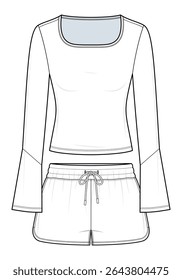 Loungewear Set Technical Fashion Illustration. Long-Sleeve Top with Flared Cuffs and Drawstring Shorts Vector Template. Relaxed Fit. Women’s Casualwear. Front View. CAD Mockup.