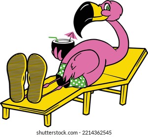 Lounging Pink Flamingo with Tropical Beach Drink Vector Illustration