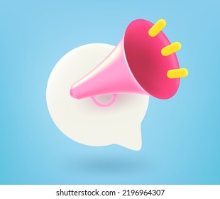 Lounspeaker with speech cloud. Announce concept with loudhailer. 3d vector isolated icon 