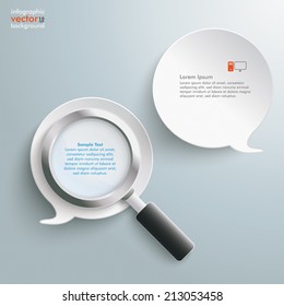 Loupe with 2 white speech bubbles on the grey background. Eps 10 vector file.