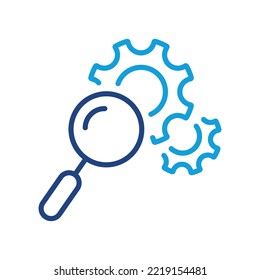 Loupe with Cogwheel Color Line Icon. Magnifying Glass with Gears. Service of Search and Control. Maintenance of Factory Mechanism. Editable Stroke. Isolated Vector Illustration.