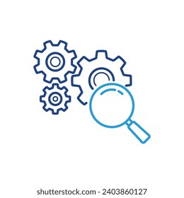 Loupe with Cogwheel Color Line Icon. Magnifying Glass with Gears. Service of Search and Control. Maintenance of Factory Mechanism. Editable Stroke. Isolated Vector Illustration.