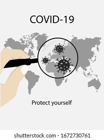 Loupe with corona virus on the world map background. Eps 10 vector file