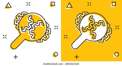 Loupe with gear icon in comic style. Magnifying glass cartoon vector illustration on white isolated background. Seo exploration splash effect business concept.