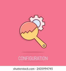 Loupe with gear icon in comic style. Magnifying glass cartoon vector illustration on isolated background. Seo exploration splash effect business concept.