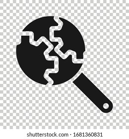 Loupe with gear icon in flat style. Magnifying glass vector illustration on white isolated background. Seo exploration business concept.