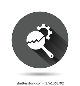 Loupe with gear icon in flat style. Magnifying glass vector illustration on black round background with long shadow effect. Seo exploration circle button business concept.
