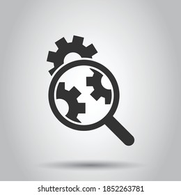 Loupe with gear icon in flat style. Magnifying glass vector illustration on white isolated background. Seo exploration business concept.