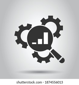 Loupe with gear icon in flat style. Magnifying glass vector illustration on white isolated background. Seo exploration business concept.