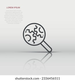 Loupe with gear icon in flat style. Magnifying glass vector illustration on white isolated background. Seo exploration business concept.